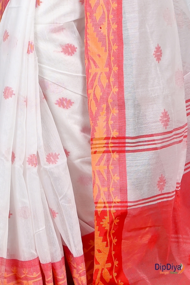 White Red Cotton Blended Parul Hand Loom Saree (548)